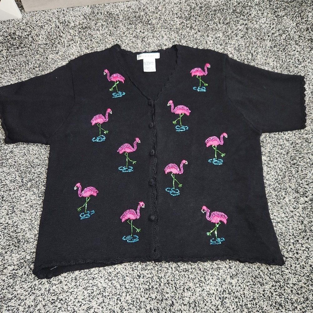 VTG Victoria Jones Flamingo Cardigan Sweater Women Large Black Beaded Retro 90